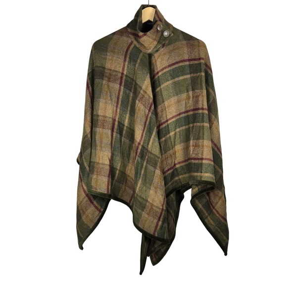 Chaps Jackets & Blazers - Chaps Green Plaid Wool Blend Button Neck Poncho Cape Wrap Size Medium